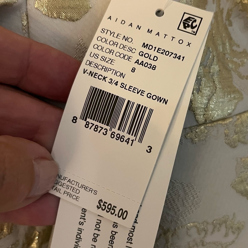 Aidan Mattox NWT V-Neck Pleated Bodice Jacquard Long Gown Ivory & Gold Sz 8 - Picture 11 of 15